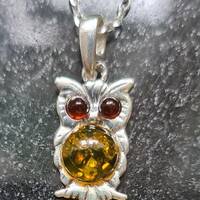Sterling Silver and Baltic Amber Owl Necklace Taurus Birthstone