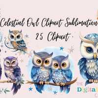 Celestial Owls Watercolor Clipart Bundle PNG Magical Fantasy Images, Galaxy Night Graphics, Instant 