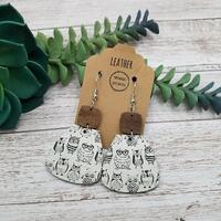 Owl Print Black and White Cork Leather Wood Trapezoid Earrings/Animal Boho Statement Dangle Drop Mod
