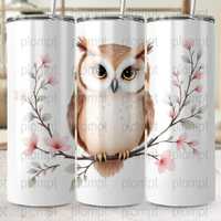 Cute Owl on Blossom Branch Digital Tumbler Wrap Print PNG, Adorable Owl Tumbler Sublimation Wrap, Ow
