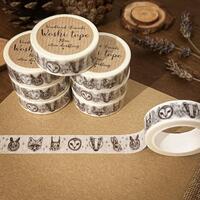 Woodland Friends Washi Tape - Owls and Animals - British Wildlife Stationery - black and white - fox