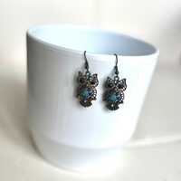 Filigree Owl Shaped Brass and Blue Colour Various Materials Cabochons Vintage Boho Style Dangle Drop
