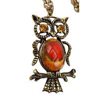 Vintage Owl Pendant Necklace With Red Orange Cabochon Rhinestone Eyes Costume Jewelry