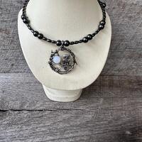 Owl and moon hand beaded magnetic hematite, memory wire choker necklace