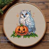 Cross Stitch Pattern White owl with a pumpkin DMC Chart Printable PDF Instant Download Arctic Owl Sn