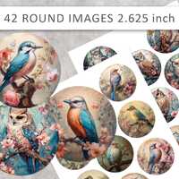 vintage bird button printables 2.625", Digital owl buttons, craft printables, vintage circle im