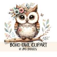 Floral Owl Clipart Bundle Watercolor Owl JPG Images Woodland Animal Clipart Boho Owl Nursery Art Whi