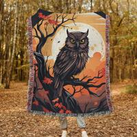 Fall Owl Woven Blanket - Retro Halloween Design, Cozy Camping Football Game Throw, Cozy Fall Game Bl