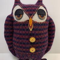 Orvil Owl, made from a burgundy and dark blue upcycled wool sweater