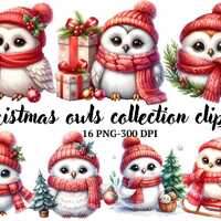 16 Christmas Owl Watercolor Clipart Bundle, Christmas Clipart Owl, Cute Xmas Owl winter Designs, Wat
