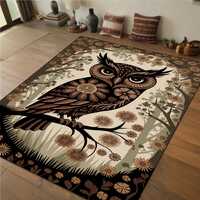 Boho Owl Rug, Floral Owl Rug – Elegant Brown and Beige Design with Intricate Flowers and Owl D