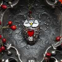 Boreal Owl With Glass Heart Necklace, Witch Owl Charm, Wicca Owl Necklace, Bird Jewelry, Athene Noct