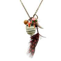 Vintage Owl Pendant Necklace with Feather & Beads in Mixed Materials