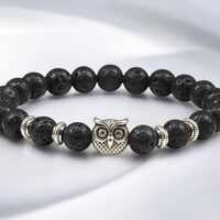 Black Lava & Tiger Eye Owl Charm Bracelet – Natural Stone Beaded Yoga Bracelet for Men and