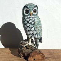 Vtg Owl Hand Carved and Painted Wood Figurine On Log Art attributed to John J Madison Co. 6”