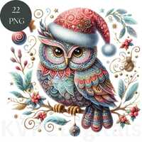 Christmas Owl Clipart, 22 Cute PNG Owls with Festive Patterns, Digital Wall Art Decor Printables, In