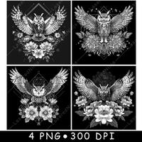 Owl and Floral Scene Bundle in Black and White Majestic Bird Designs with Flowers for Laser Engravin