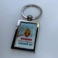 Vintage Keychain Silver Toned Rectangle With Owl Whooooo Makes A Difference Yooooou Do Blue Brown Wh