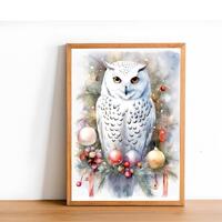 Vintage Farmhouse Christmas Print, Owl in Winter Painting, Printable Wall Art, Rustic Winter Scene, 