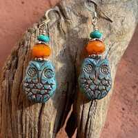 Blue Czech glass bead owl earrings with orange and blue accent beads, silver hypoallergenic earring