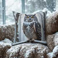Snowy Owl Christmas Throw Pillow, Rustic Winter Forest Cushion, Cozy Woodland Holiday Decor, Nature 
