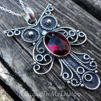 Handmade Sterling Silver Owl Necklace: Red Garnet Gemstone Pendant