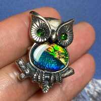 Vintage Style Silver Owl with Genuine Ammolite - Dual Use Pendant & Brooch 31X24 mm #3030-19