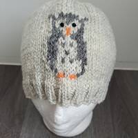 Handknitted Grey Owl Beanie hat