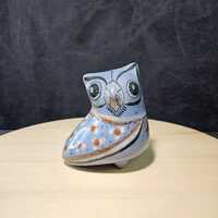 Vintage Mexican Tonala Folk Art Burnished Clay Owl Figurine - Blue Floral - 5" x 4"