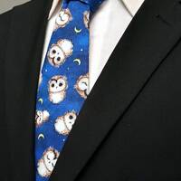 Blue Owl Necktie | Dark Blue Background with Baby Owls & Moons | Whimsical Owl Tie