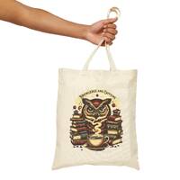 Cotton Canvas Tote Bag with Owl and Books Knowledge and Caffeine Design, Book Lover Gift, Library To