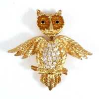 Vintage Owl Brooch Gold and Rhinestone with Spring Head