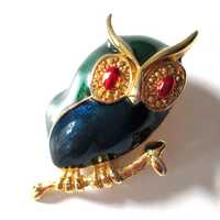 Adorable Vintage Brooch Figural Owl Possibly Unsigned D'Orlan Sapphire Blue Emerald Green Guillo