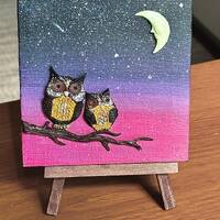 Special creative  design 3D Epoxy owl family and acrylic mini canvas 10x10 cm ,best gift for childre