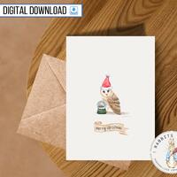 Owl Christmas Card Printable, 5x7 inch card, Holiday Greeting, Snowy owl, Santa hat, Cute Simple Coz