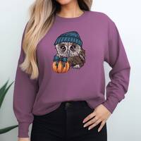 Fall Owl Long Sleeve T-Shirt with Hand Drawn Graphic of Charming Owl in a Beanie with Pumpkin Adorne