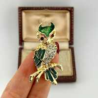 Vintage Gold Owl Statement Brooch, 1980s Austrian Crystals Emerald Green Enamel Bird Pin