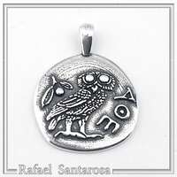 Greek Owl Coin Tetradrachm museum Replica Pendant: Oxidized Sterling Silver