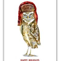 owl Christmas cards- trapper hat- woodland cards- Birders Christmas cards- Burrowing owl watercolor