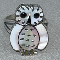 Zuni handmade turquoise owl inlay sterling silver cluster ring size 6.5