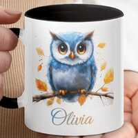 Custom Cute Owl Mug, Blue Owl Coffee Cup, Adorable Owl Tea Cup, Owl Lover Gift, Autumn Owl Art Mug, 