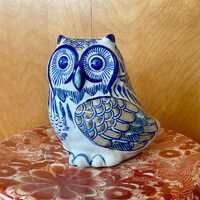 Ceramic Hand Painted Blue & White Owl Figurine