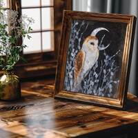 Barn Owl Watercolor Art Print: Crescent Moon, Dark Academia Decor