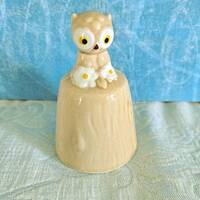 Vintage 1970s Josef Originals Ceramic Owl Bell, Owl with Daisies, Made in Japan