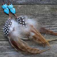 Turquoise Howlite Owl Feather Dangle Earrings, Boho Earrings, Feather Earrings, Owl Earrings, Feathe