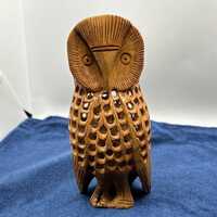 Vintage Boho Wood Carved Owl Figurine India