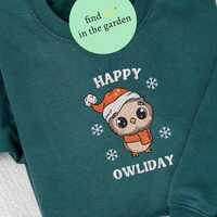 Happy Owliday Cute Owl Christmas Embroidered Sweatshirt, Owl Funny Xmas Embroidered T-Shirt, Owl Lov