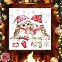 Christmas Owl DIY Cross Stitch Kit - 15.7x15.7" Craft Set with Patterned Fabric and Threads for