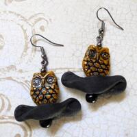 Black and Mustard Yellow Owl Earrings (2939)