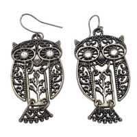 Articulated Owl Dangle Earrings Silver Tone Rhinestone Accents Vintage